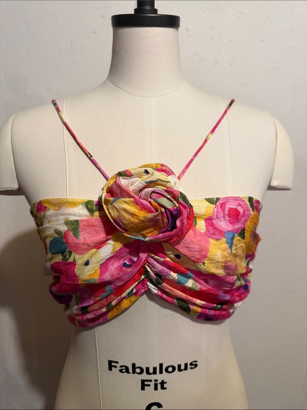 Floral Ruched Crop Tank Top with Rose Accent - Pink/Yellow